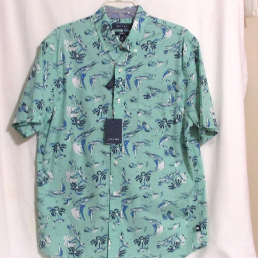 New Men's CROWN & IVY Green Nautical Pattern Cotton Stretch Button Down Shirt M
